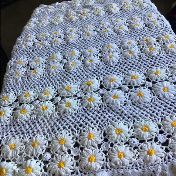 Hand loomed crocheted 3D yellow and white daisies granny square thro 60 X60